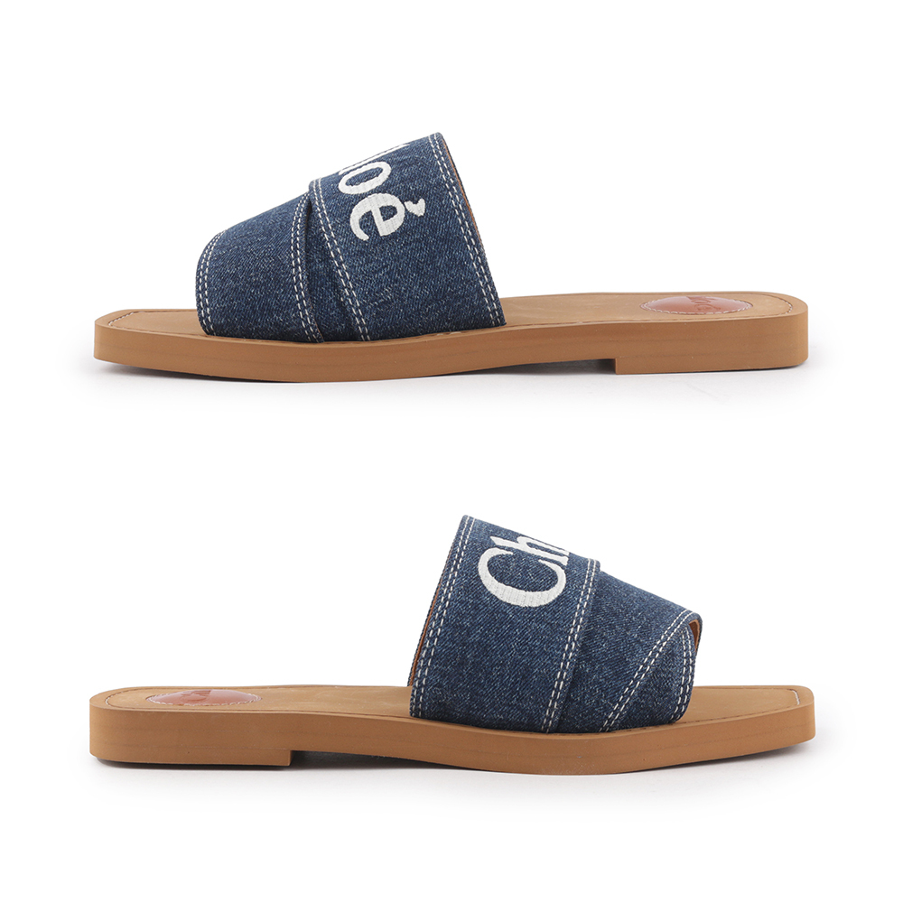 【Chloé】WOODY FLAT MULE 棉質牛仔平底拖鞋(單寧藍) CHC23A188FR45D