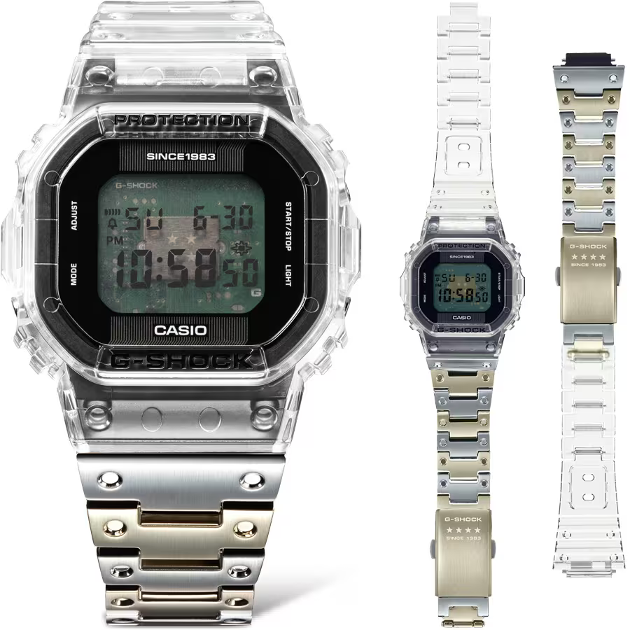 萬年鐘錶 - G-SHOCK 40週年限定 獨特透視表面半透明橡膠錶帶結合不鏽鋼雙材質錶帶經典方形電子錶 DWE-5640RX-7  錶徑 : 43.8 mm