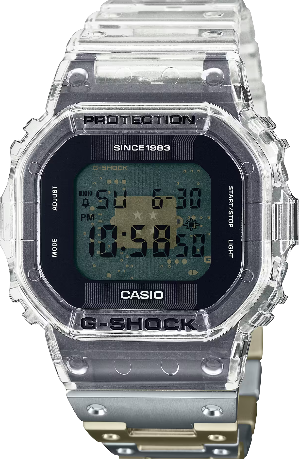 萬年鐘錶 - G-SHOCK 40週年限定 獨特透視表面半透明橡膠錶帶結合不鏽鋼雙材質錶帶經典方形電子錶 DWE-5640RX-7  錶徑 : 43.8 mm