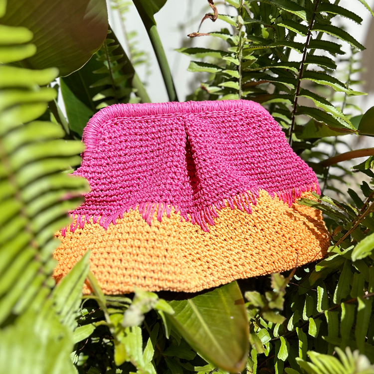 Crochet Raffia Clutch Bag - Large - Pink Orange