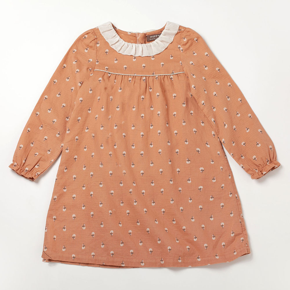 PIPPY浪漫純棉荷葉領碎花連身裙洋裝 粉橙