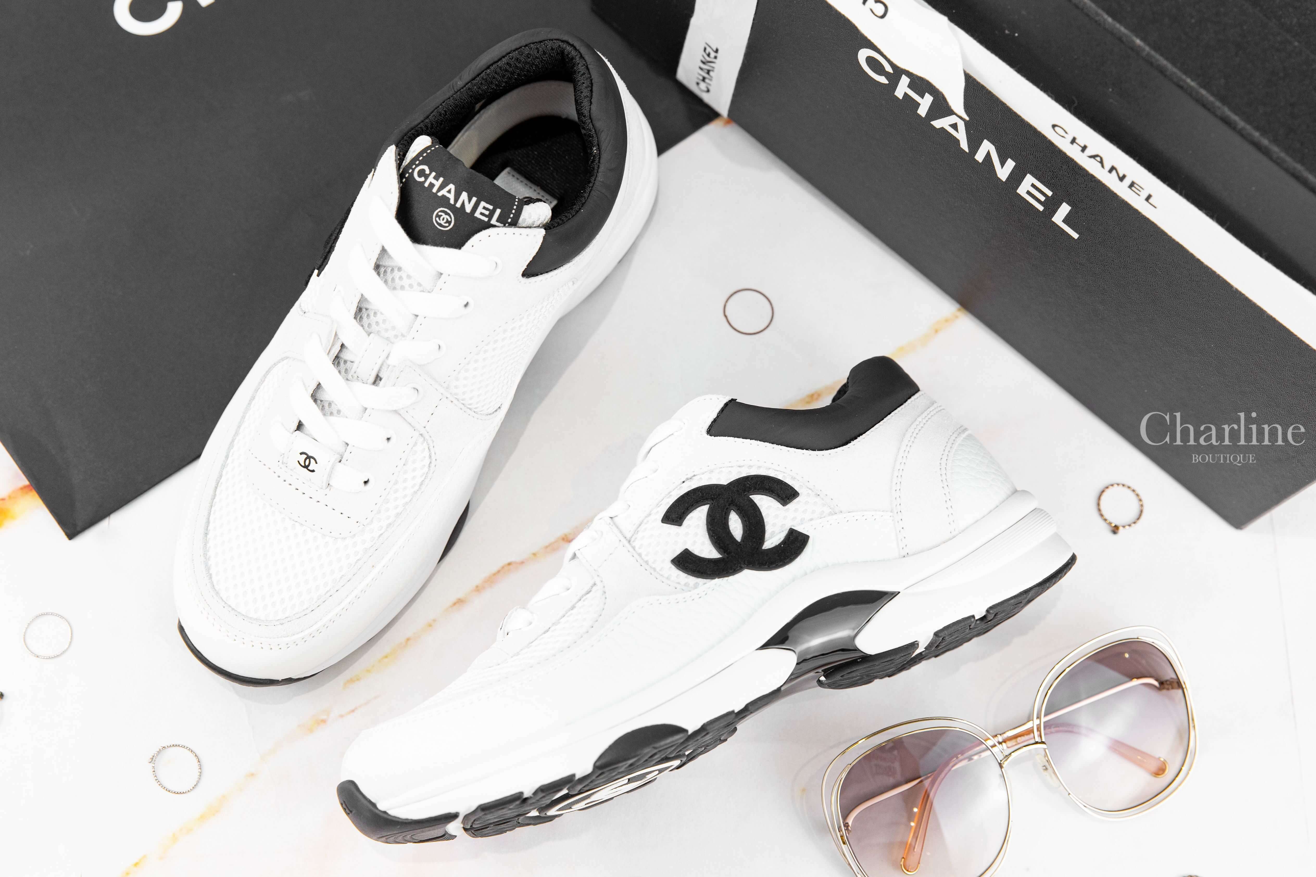 Chanel Trainers 白色網狀布面拼白麂皮黑CC小牛皮運動鞋-Charline Boutique 精品代購