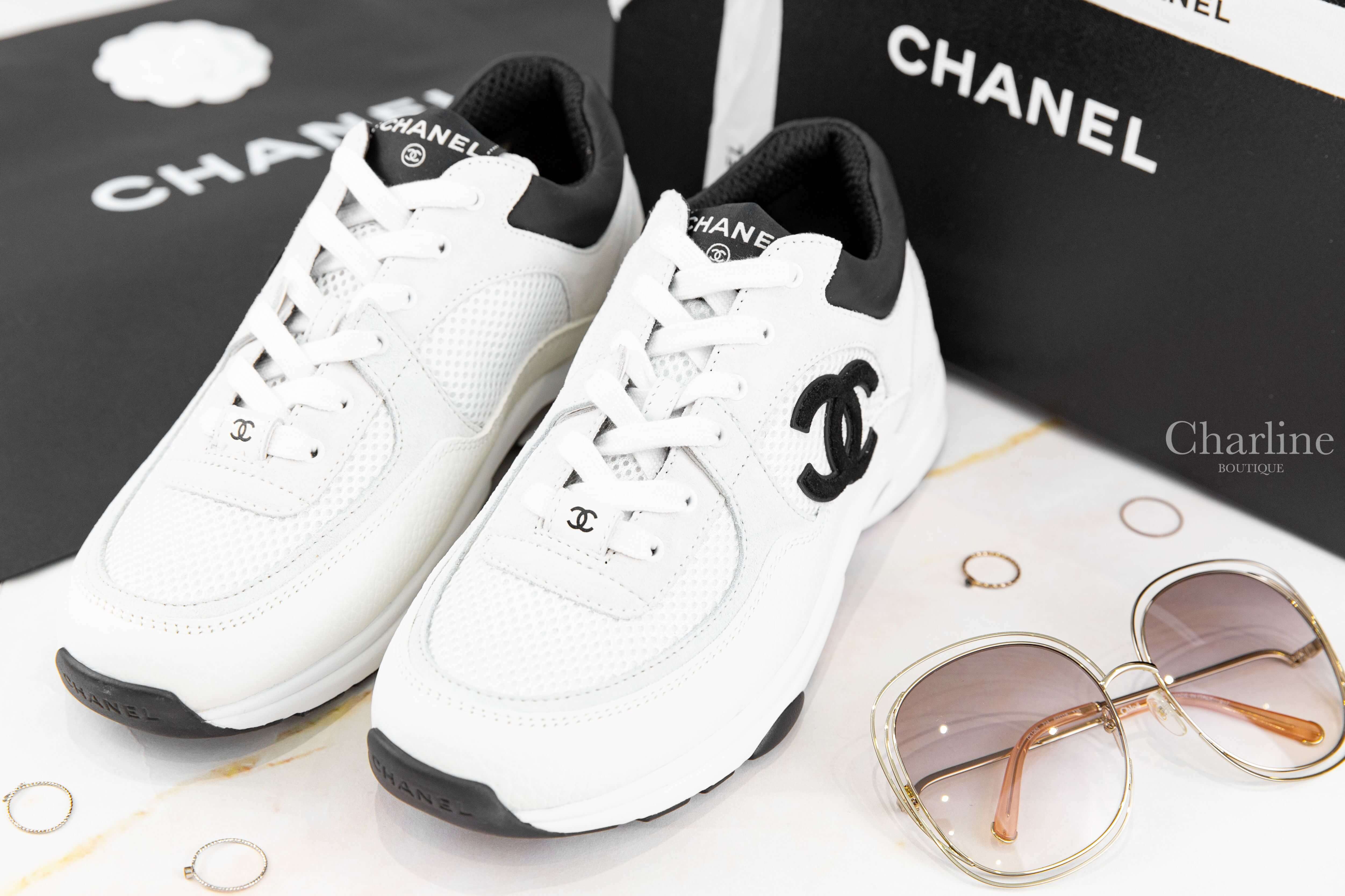 Chanel Trainers 白色網狀布面拼白麂皮黑CC小牛皮運動鞋-Charline Boutique 精品代購
