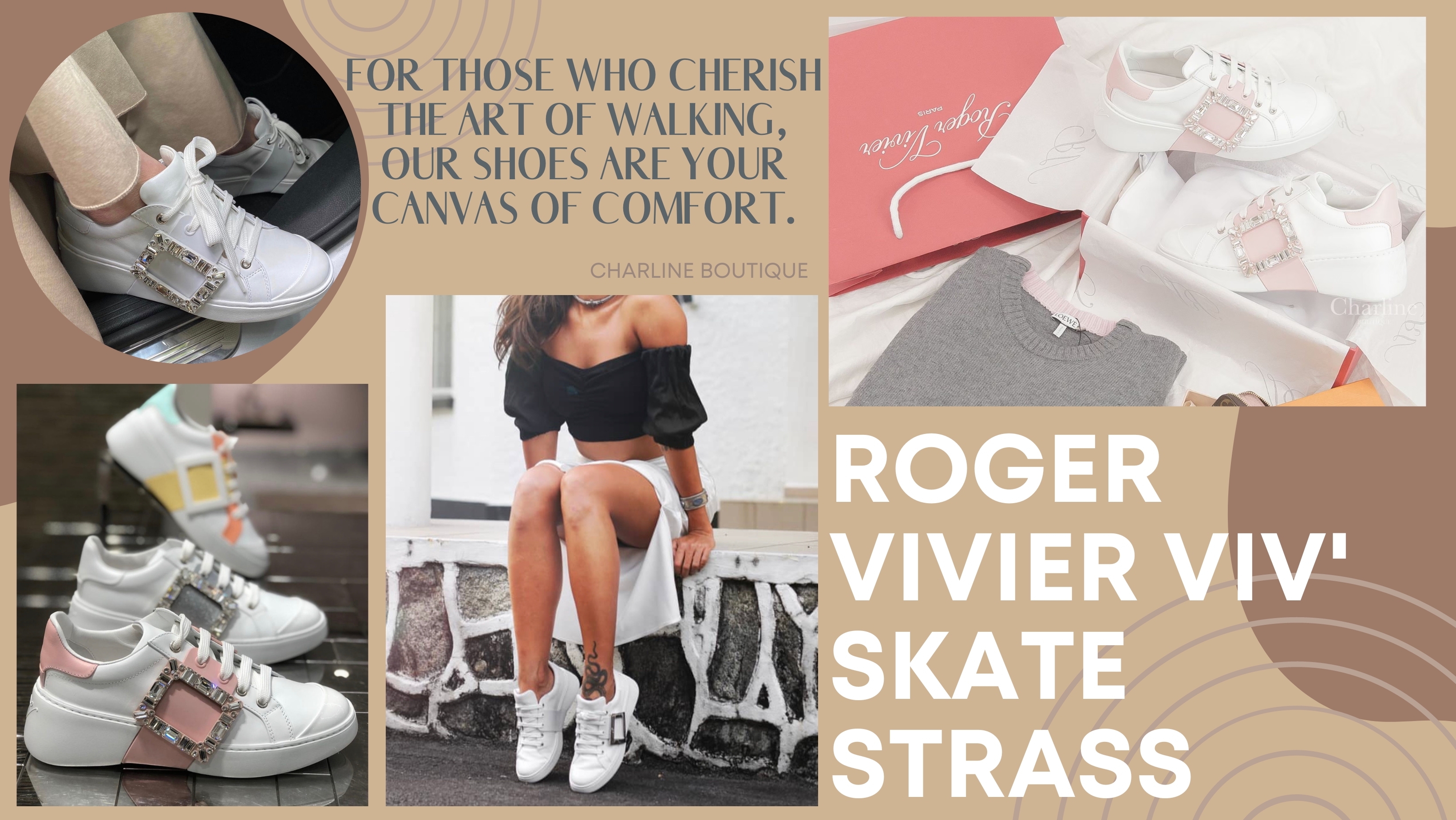 來聊聊Roger Vivier的Viv' Skate Sneaker，今年最夯的小白鞋之一！設計師Gherardo Felloni以70年代滑板文化為靈感，簡約的線條搭配皮革點綴，金屬方扣和水鑽釦增添華麗感，倍受矚目。何超蓮婚禮上穿著Vera Wang婚紗、Roger Vivier訂製鞋、Graff頭冠，搭配Dior高訂珠寶，光芒四射。Viv' Skate小白鞋不僅有出色的增高效果，輕柔小牛皮貼合腳型，側邊水鑽方扣引人注目，穿著舒適。