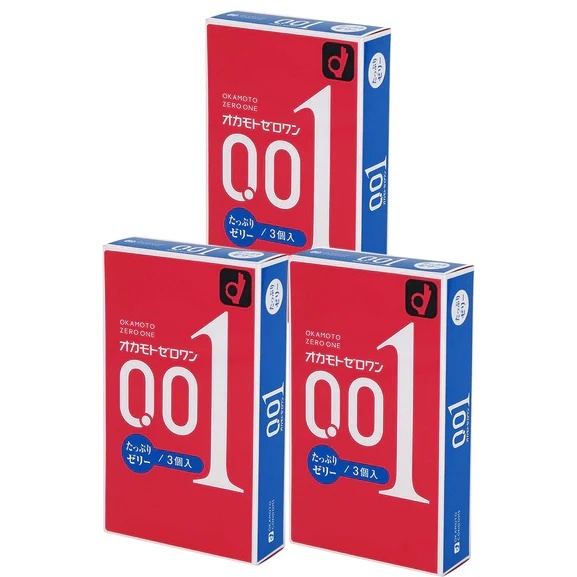 日版岡本 0.01 超薄潤滑劑加量PU安全套（3片裝）三盒裝