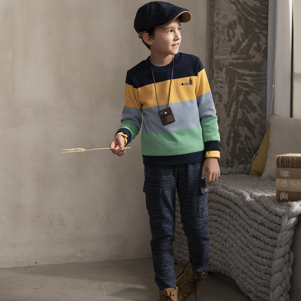 PIPPY 休閒褲管大口袋彈性棉長褲 深藍