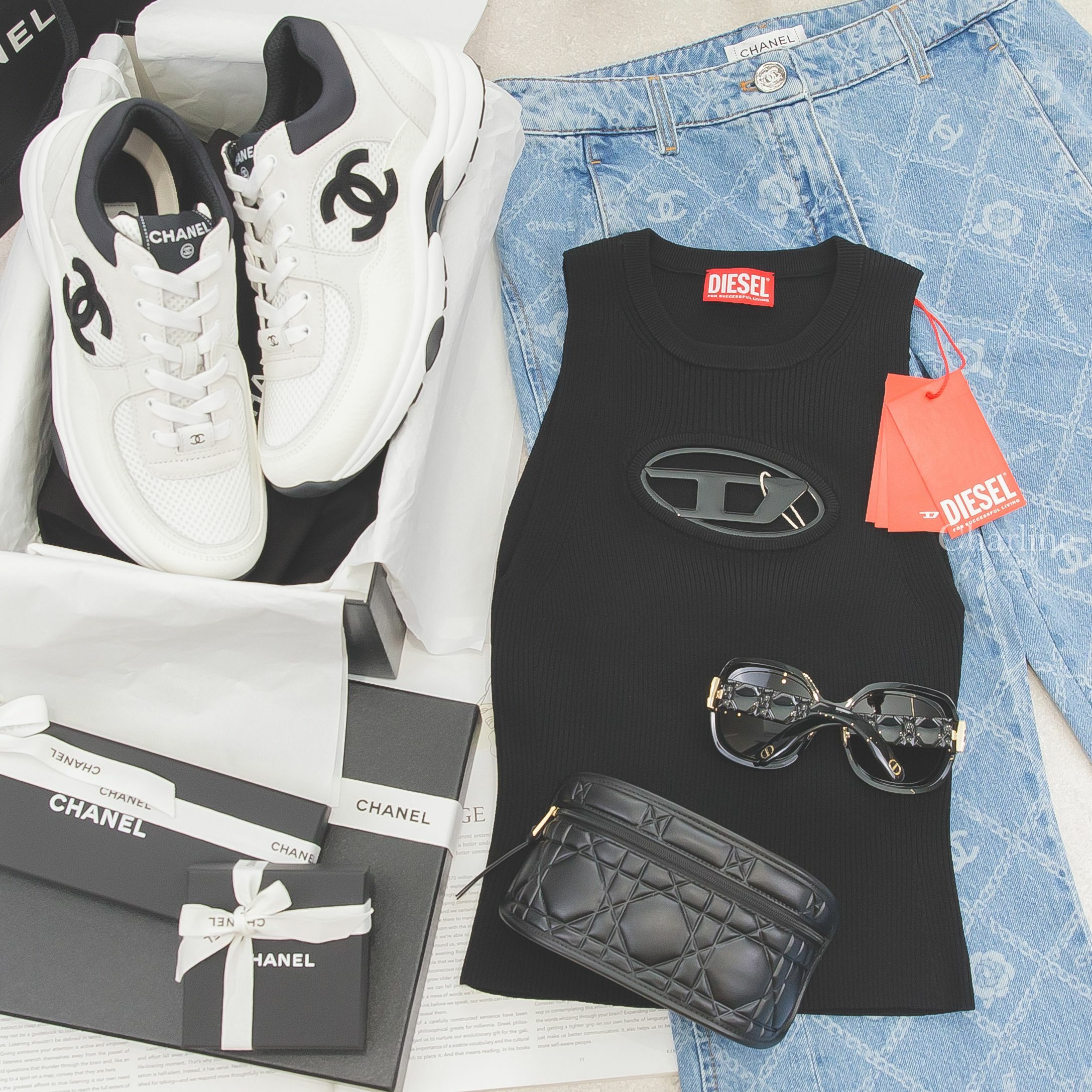 Chanel Trainers 白色網狀布面拼白麂皮黑CC小牛皮運動鞋,Dior 黑色圓框灰色漸變鏡片側邊金色四角CD藤格紋太陽眼鏡-Charline Boutique 精品代購