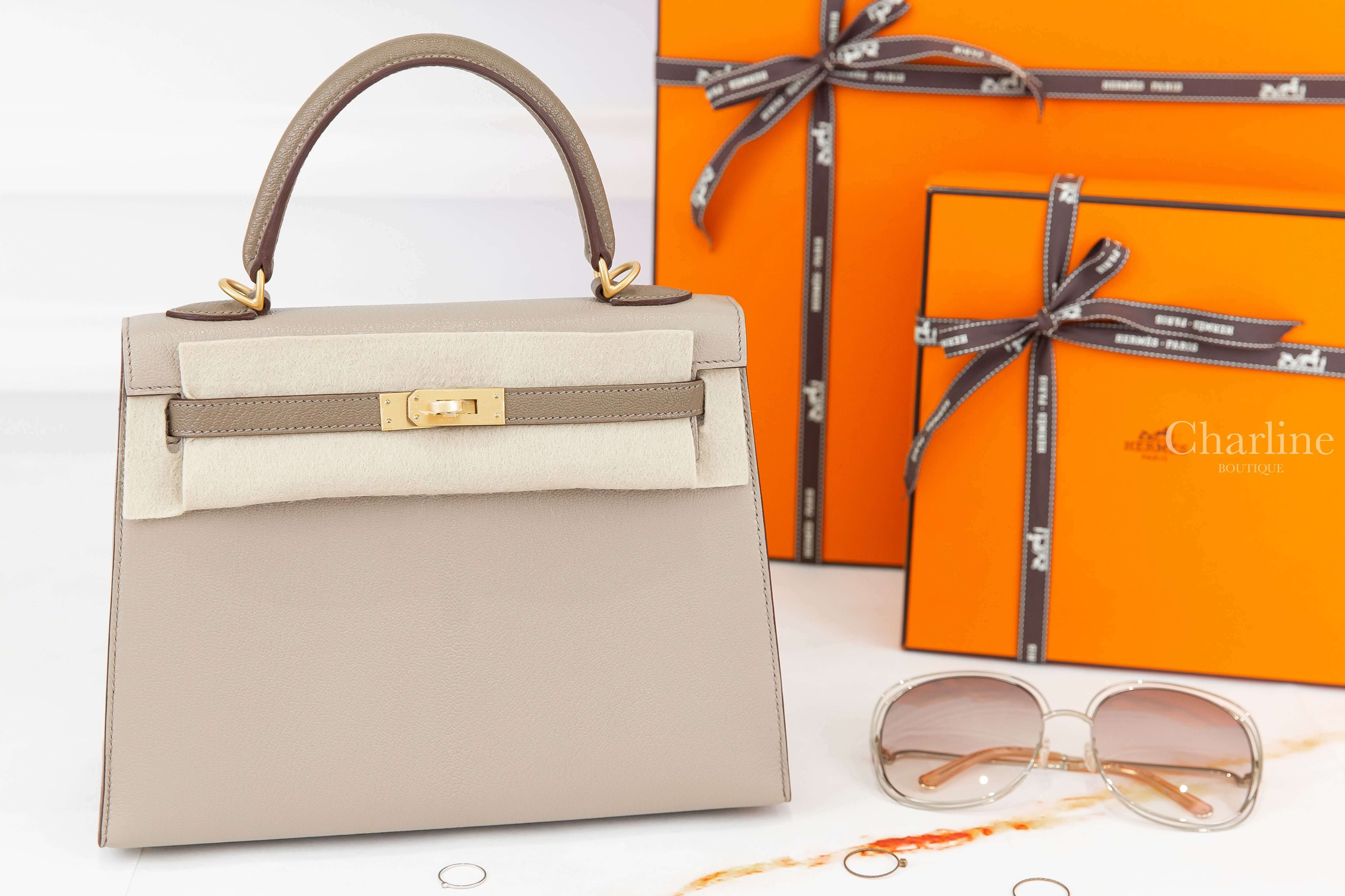 Hermès U刻斑鳩灰/大象灰/瀝青灰拉絲金釦凱莉包-Charline Boutique 精品代購