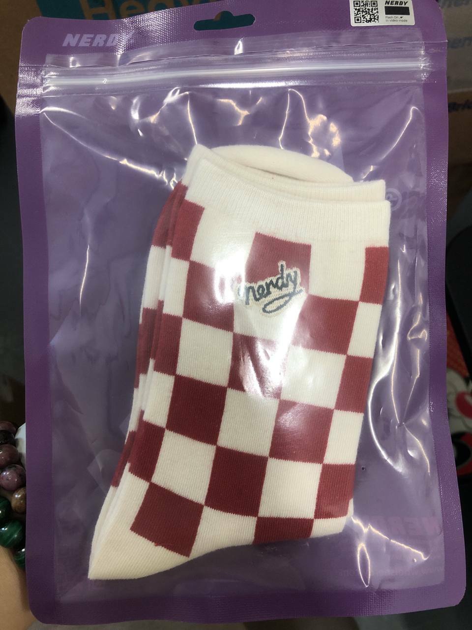 [S] NERDY CHECKERBOARD SOCKS,RED, 8809883625551 (SN319)