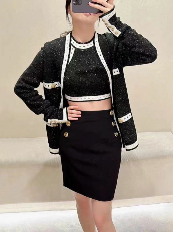 Balmain  黑色復古撞色針織開衫BU1KL05  5KE74  EHQ   -T