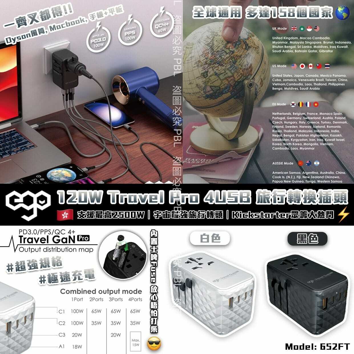 EGO 120W Travel氮化鎵Pro 4USB 旅行轉換插頭