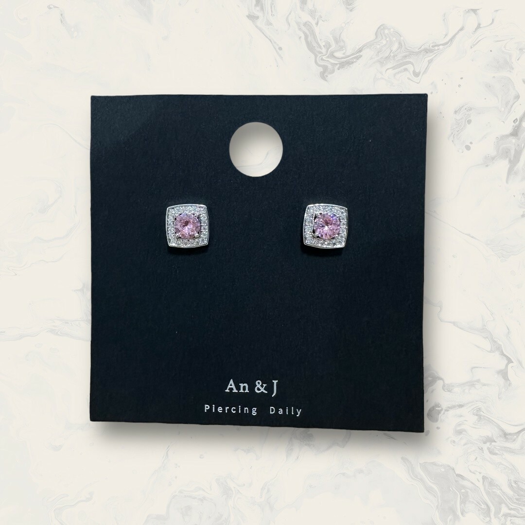 韓國直送-銀針 銀框排列白鋯方框中四爪鋯 鍍白金 3色