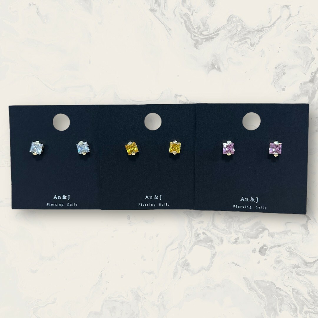 韓國直送-銀針 上下金愛心扣中方鋯 鍍白金 3色