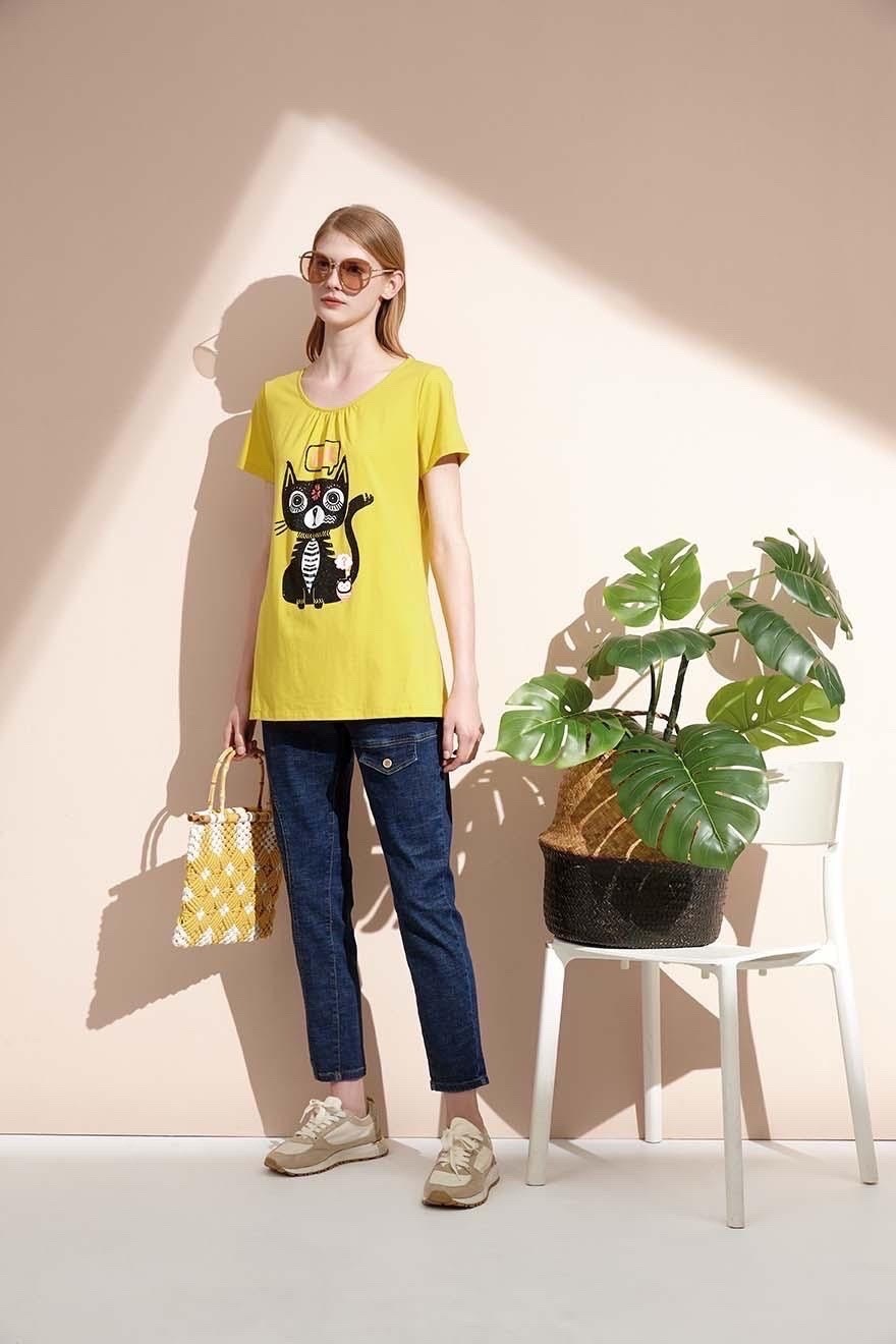 時尚優雅領口貴族黑貓印花腰身剪裁棉T S6781