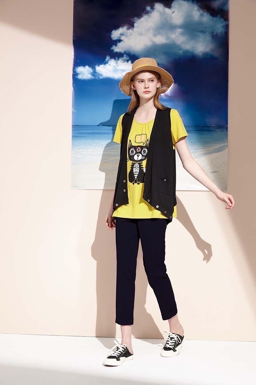 時尚優雅領口貴族黑貓印花腰身剪裁棉T S6781