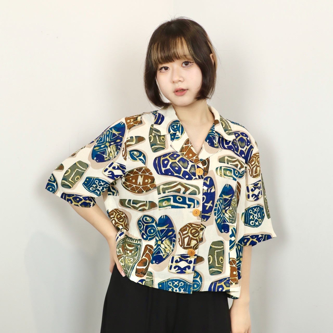 法國製 民族裝飾圖騰中袖上衣