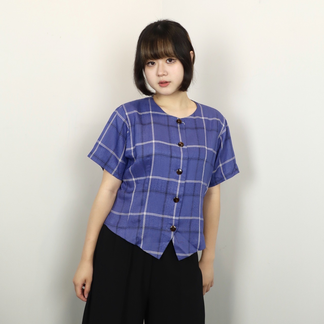 日本製紫藍色格仔短袖上衣