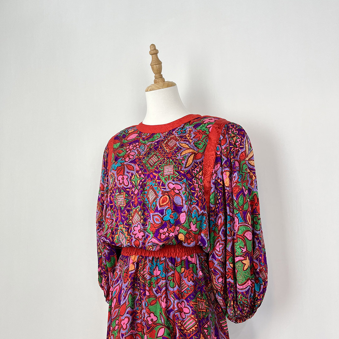 Diane Freis 80s 紅色 × 紫色塗鴉感古著連身裙