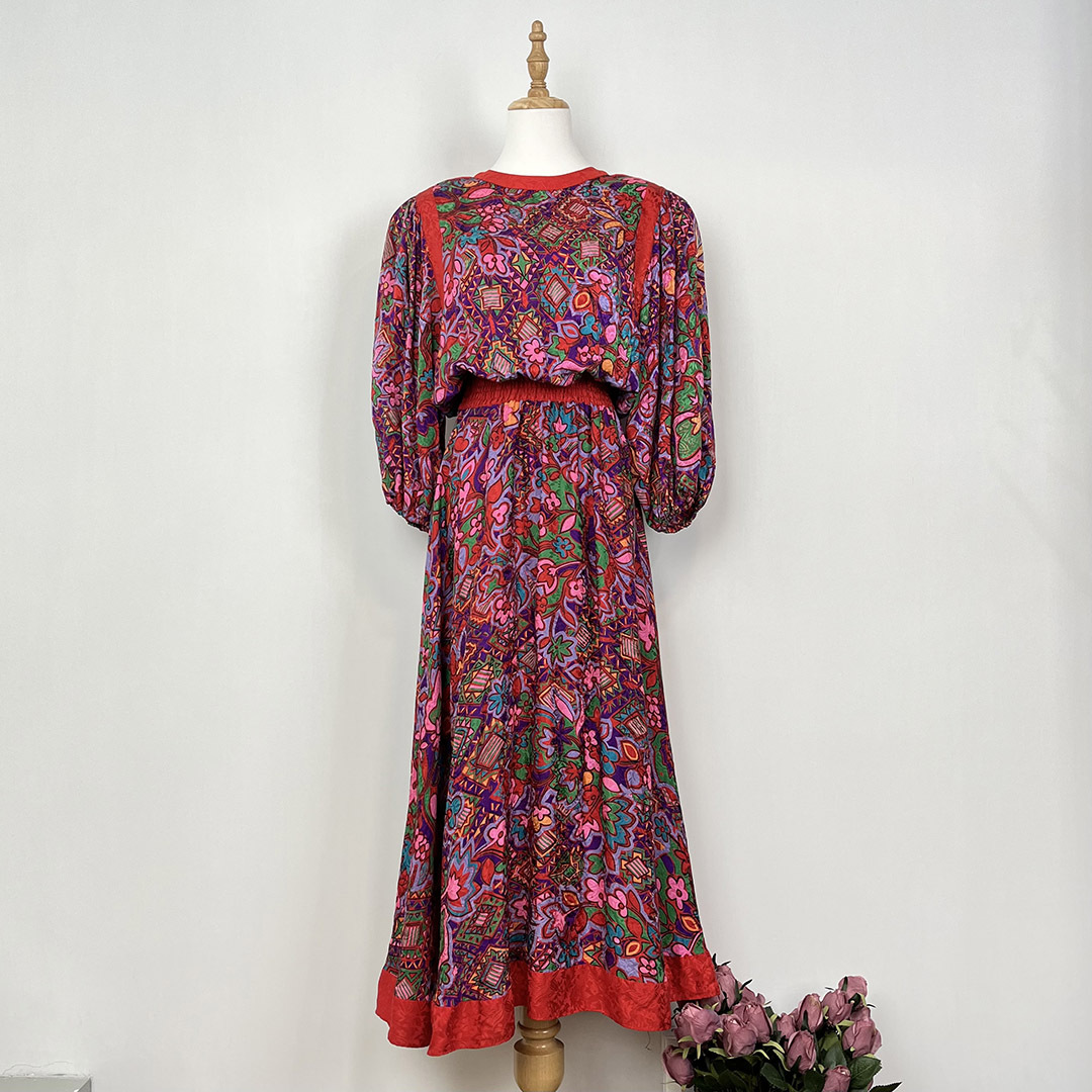 Diane Freis 80s 紅色 × 紫色塗鴉感古著連身裙