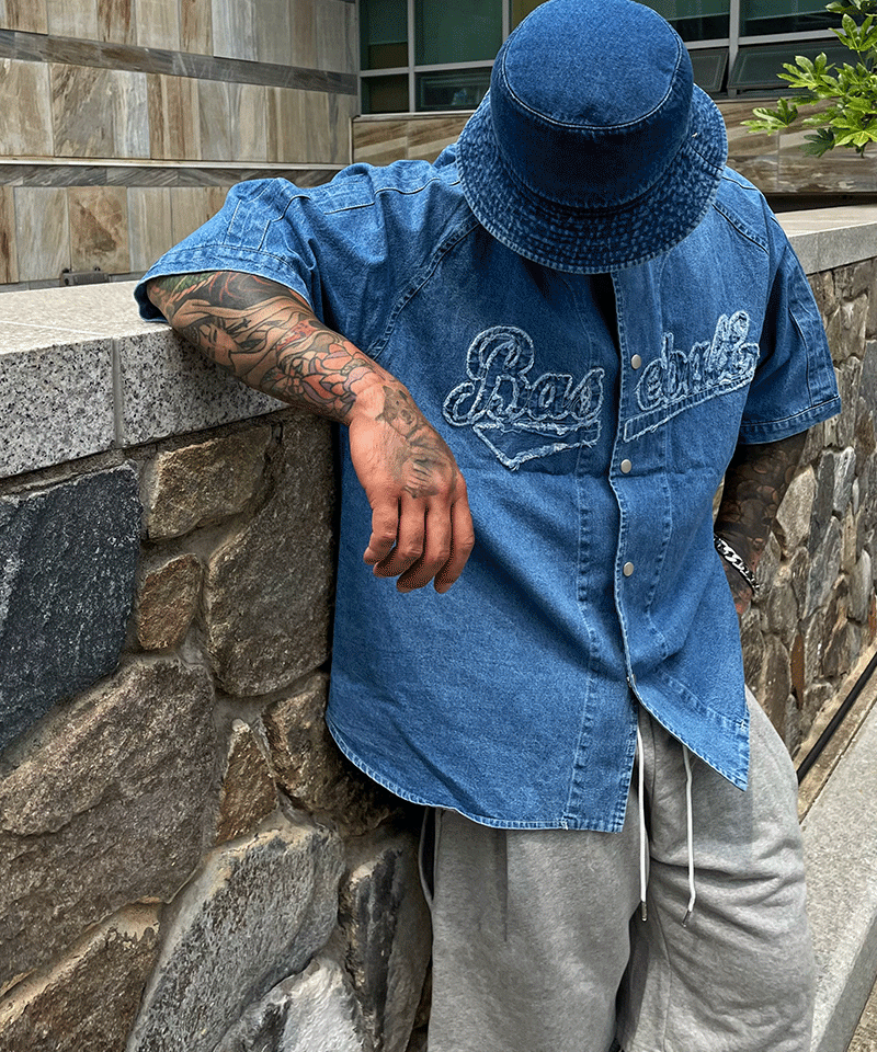 夏季棒球牛仔短袖襯衫