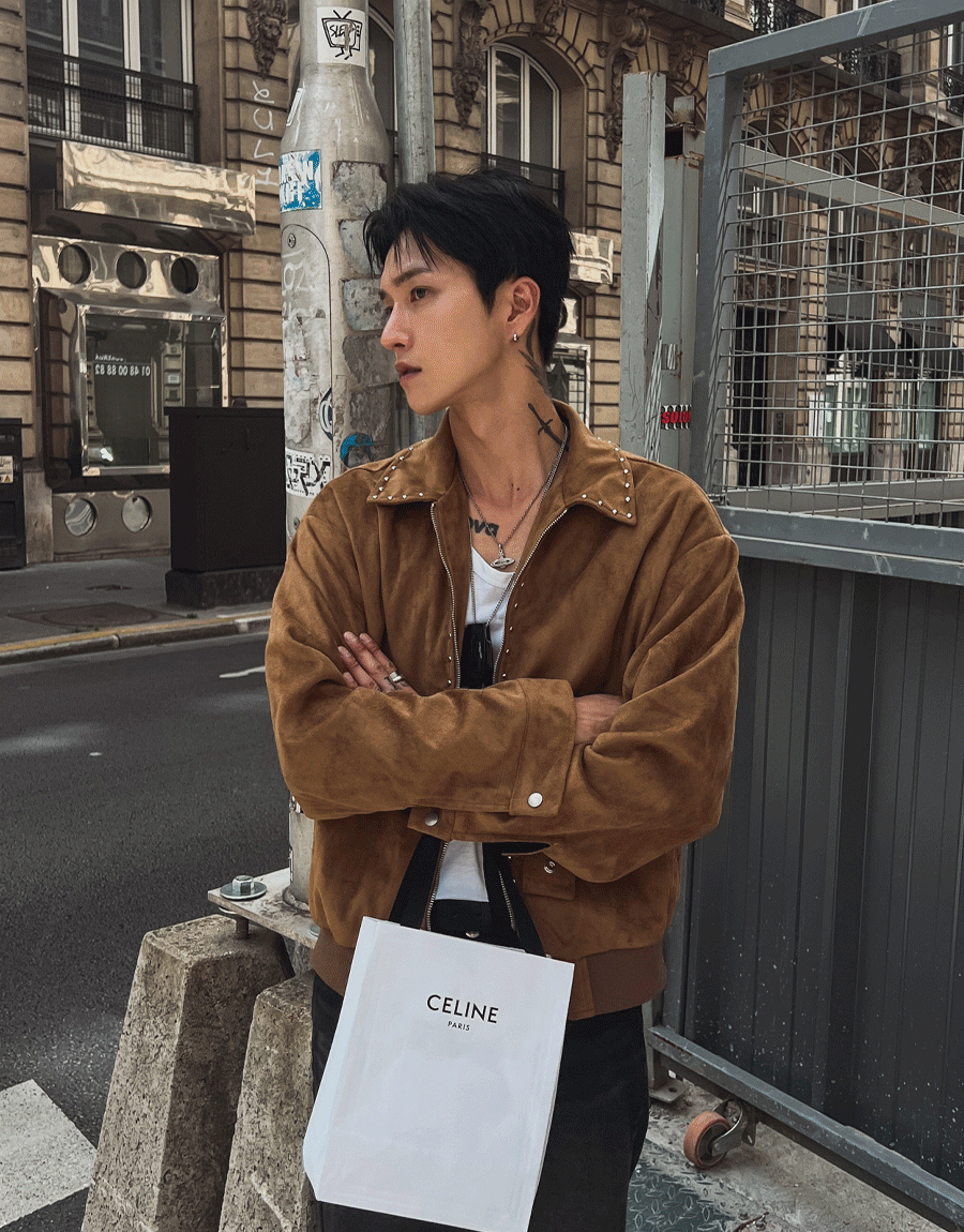 Ramon鉚釘絨面革束腰夾克