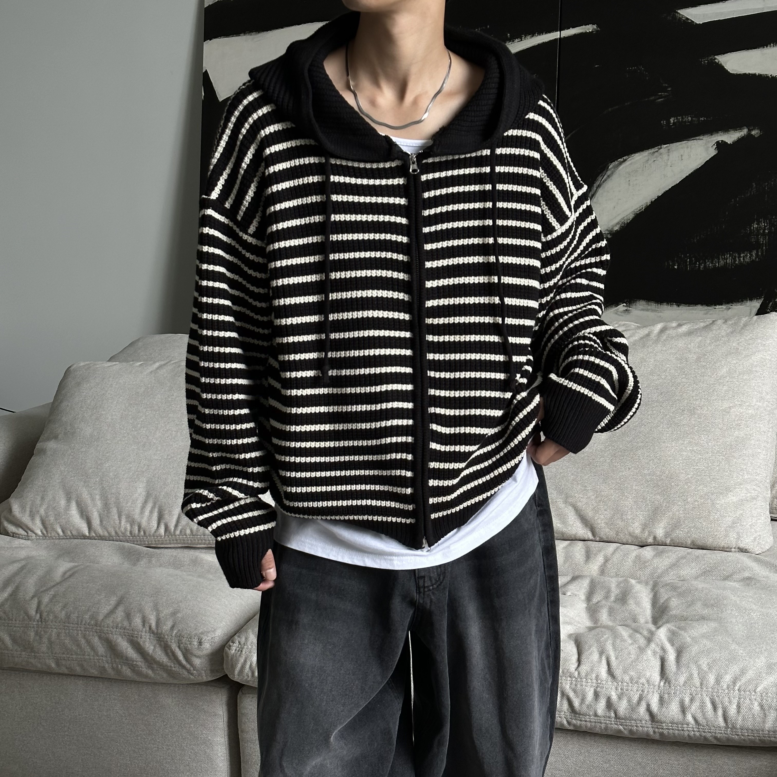 忍者袖條紋連帽拉鍊外套