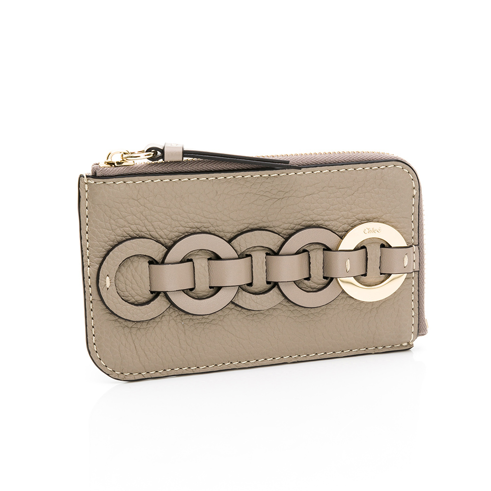 CHLOE DARRYL 編織金屬環荔紋牛皮L型拉鍊卡片零錢包(象灰)