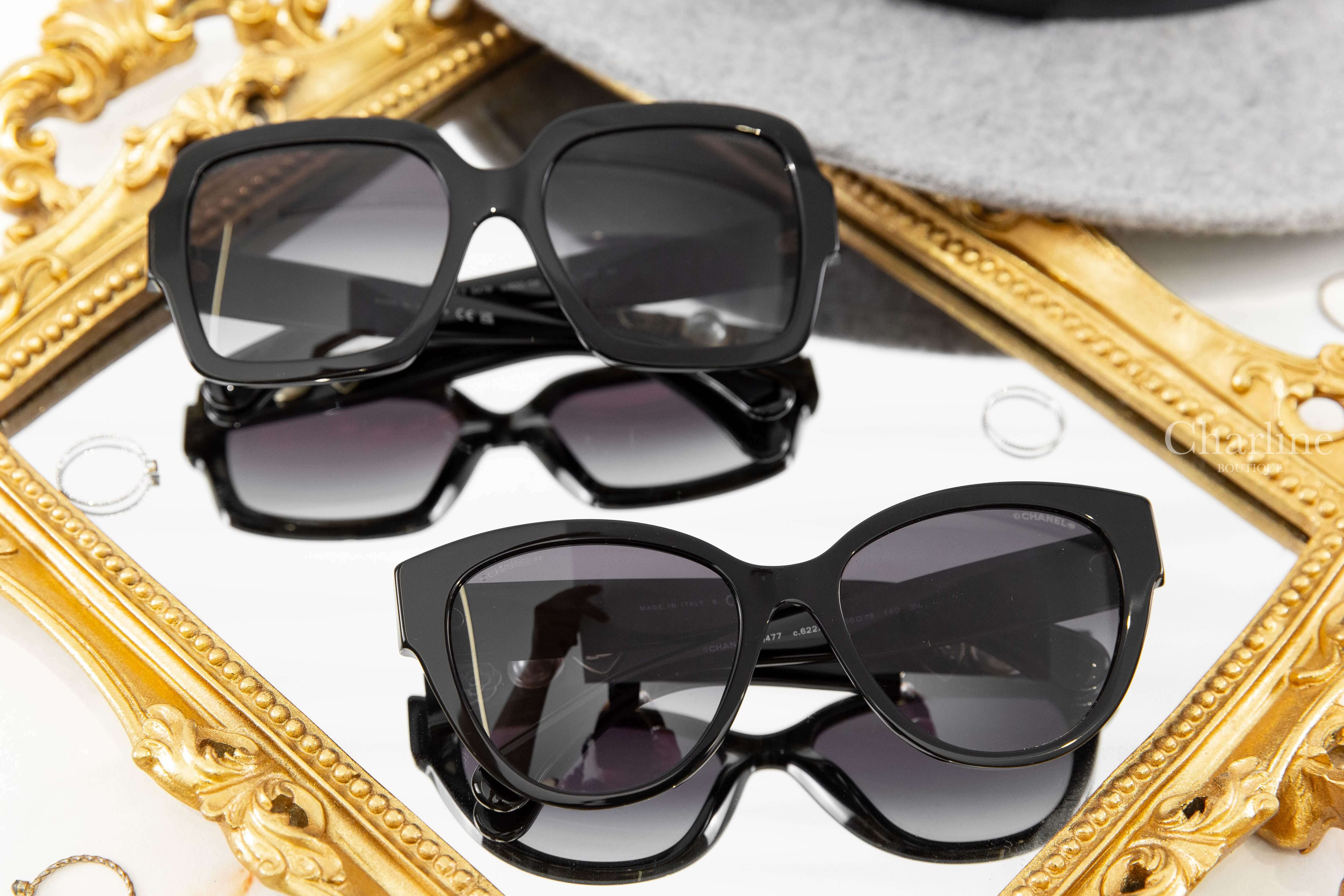 Chanel Square Sunglasses 黑色方框灰色漸變鏡片側邊山茶花白色珍珠愛心CC太陽眼鏡,Chanel 黑色蝴蝶型灰色漸層鏡片側邊山茶花白色珍珠愛心CC太陽眼鏡-Charline Boutique 精品代購