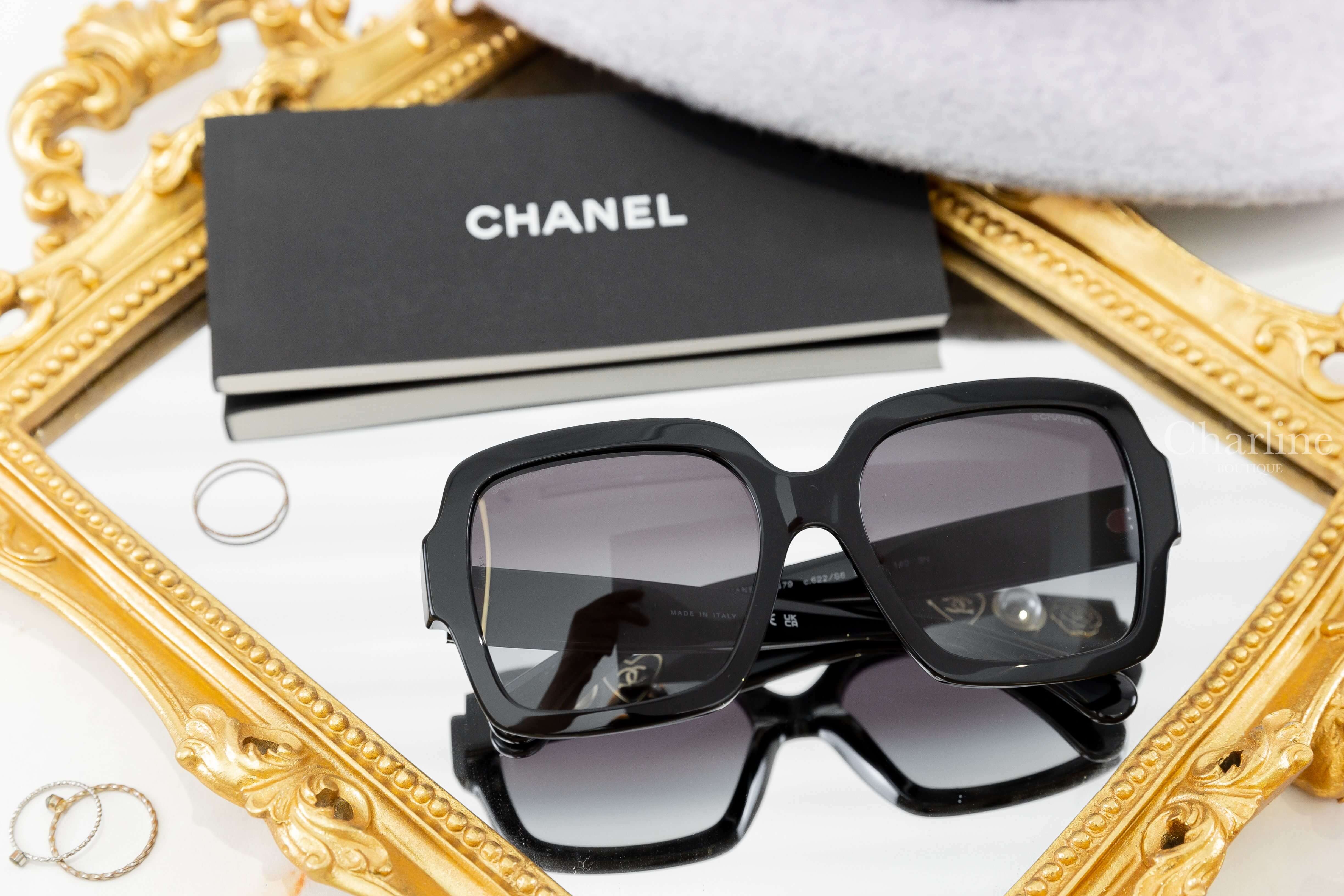 Chanel Square Sunglasses 黑色方框灰色漸變鏡片側邊山茶花白色珍珠愛心CC太陽眼鏡-Charline Boutique 精品代購