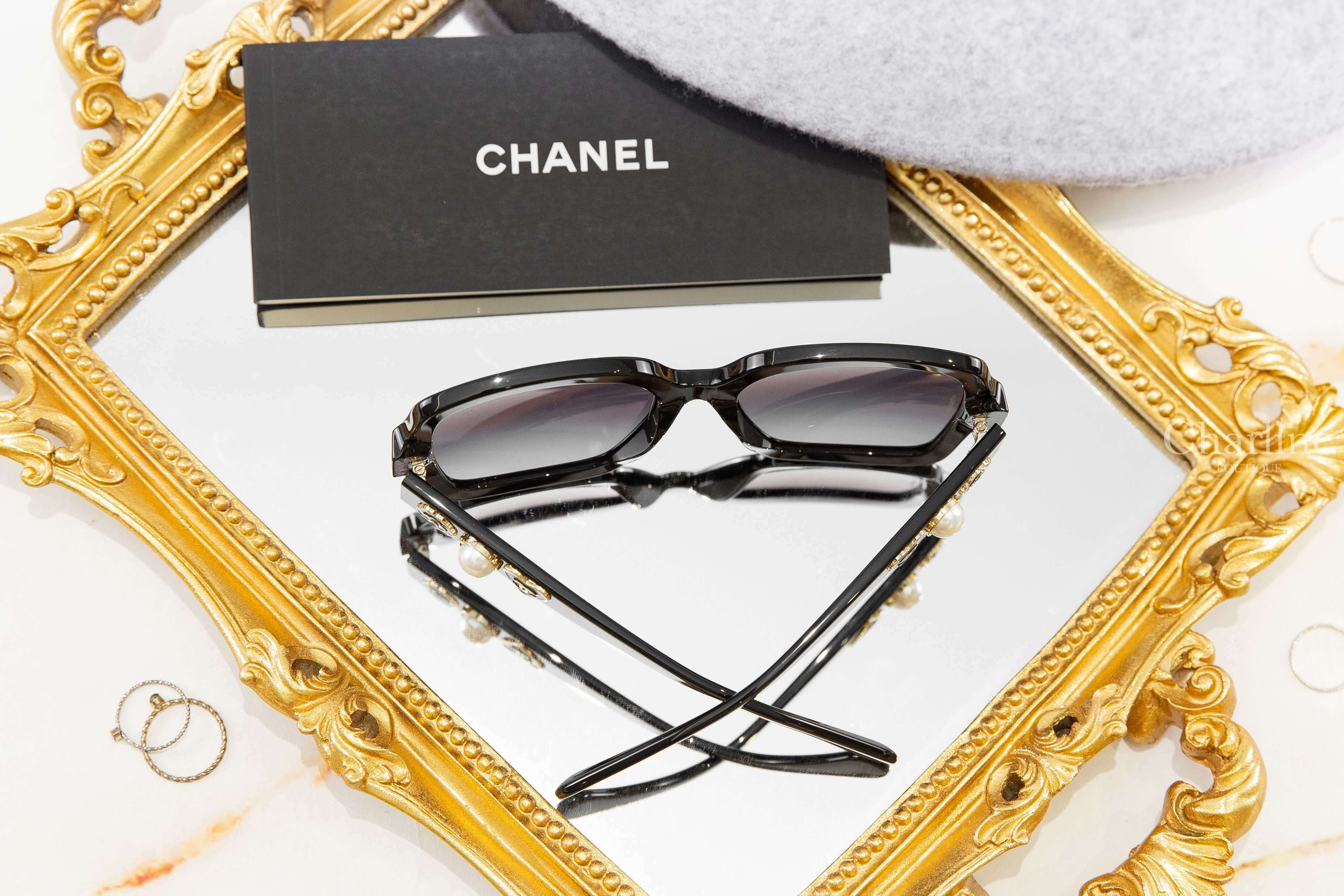 Chanel Square Sunglasses 黑色方框灰色漸變鏡片側邊山茶花白色珍珠愛心CC太陽眼鏡-Charline Boutique 精品代購