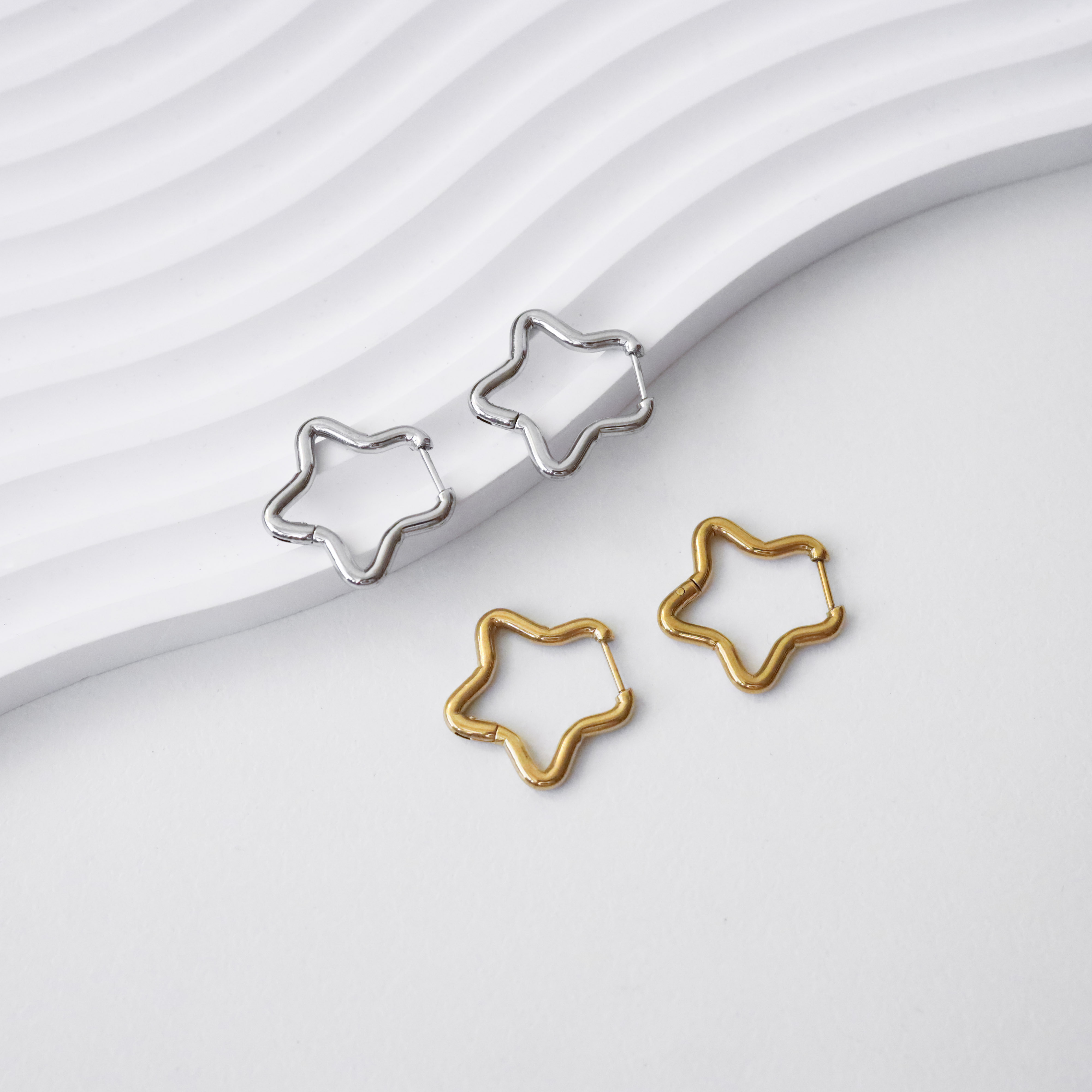 不怕水兩色星星鋼耳圈