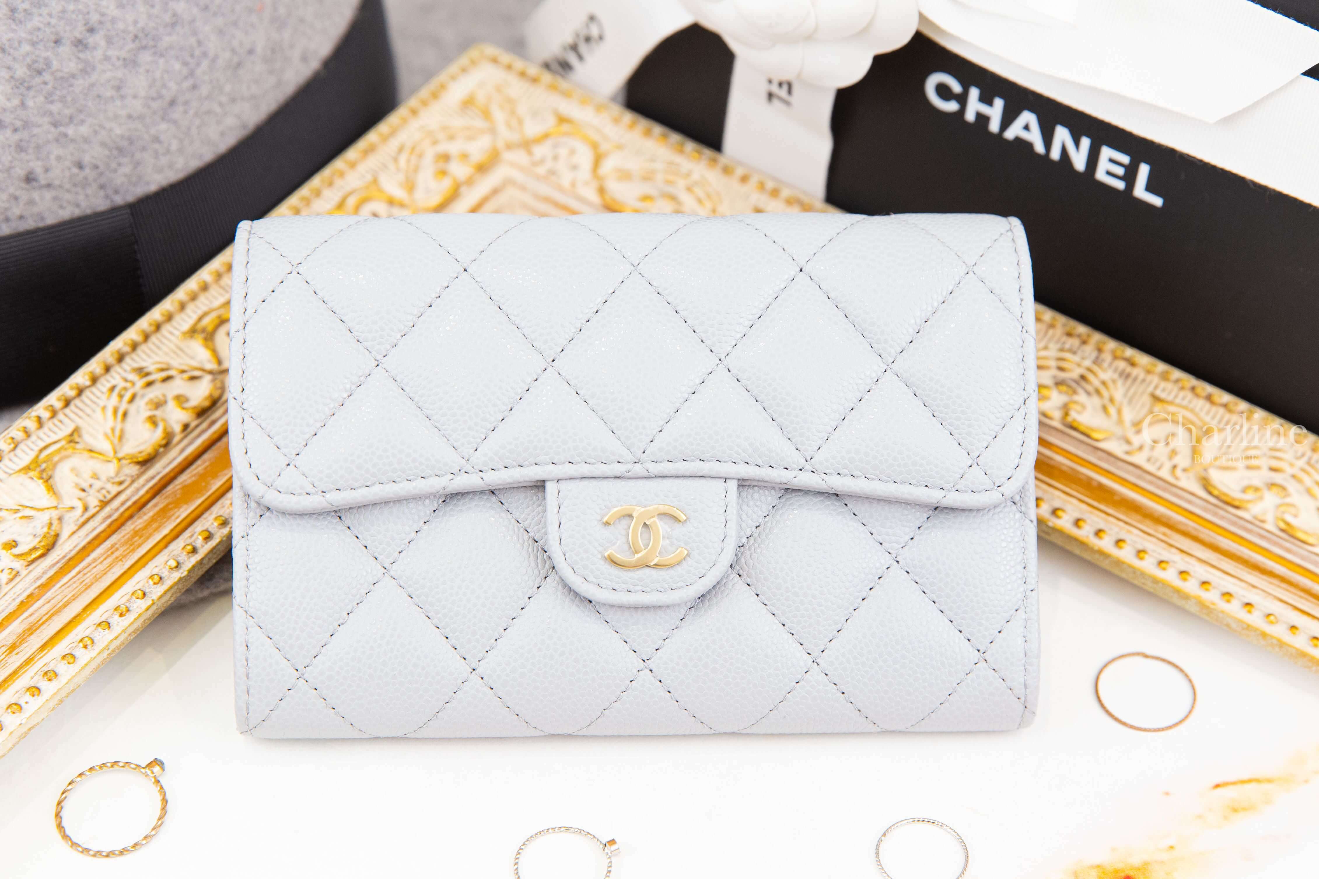 Chanel Medium Flap Wallet 灰色金CC荔枝菱格紋前釦式中夾