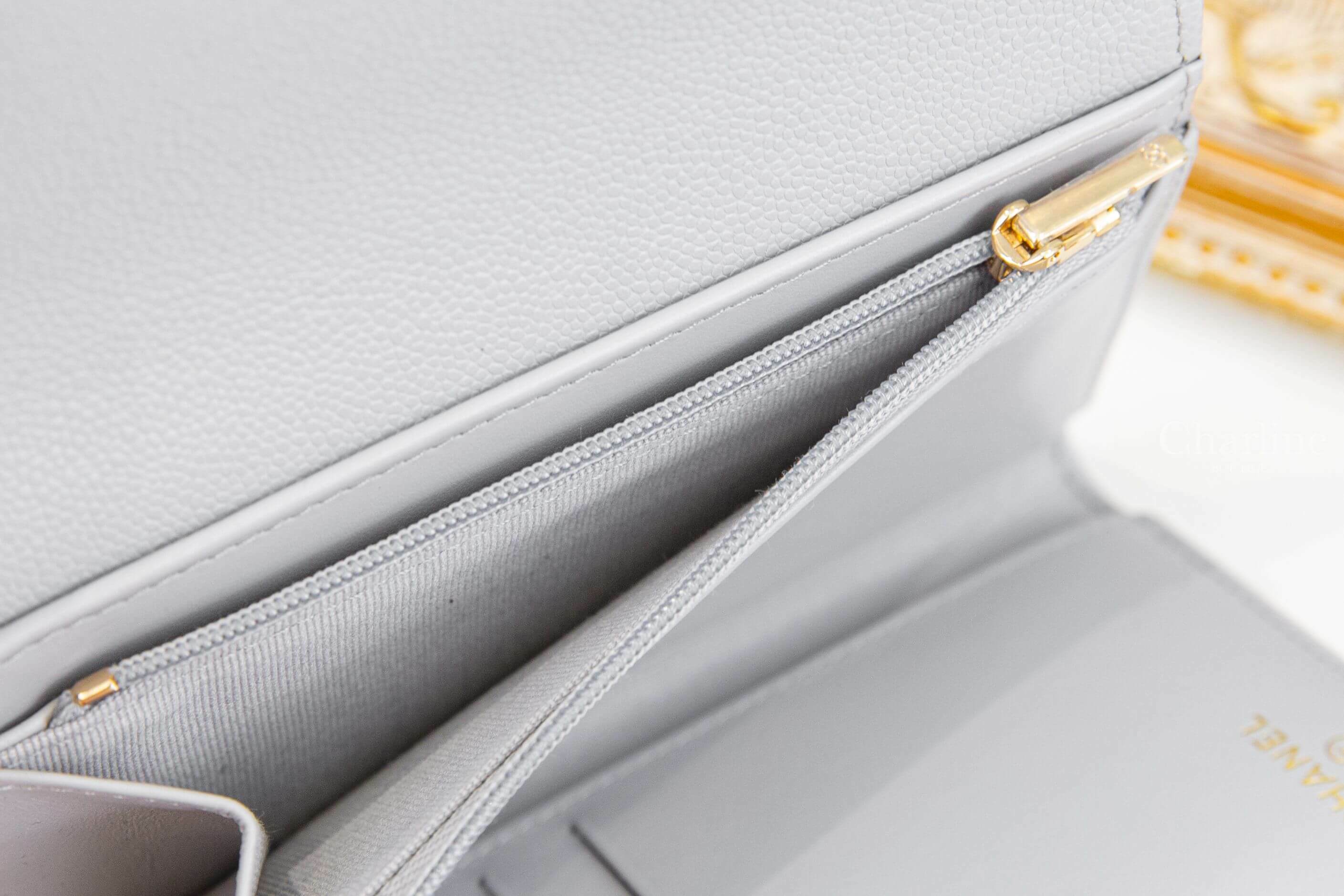 Chanel Medium Flap Wallet 灰色金CC荔枝菱格紋前釦式中夾-Charline Boutique 精品代購