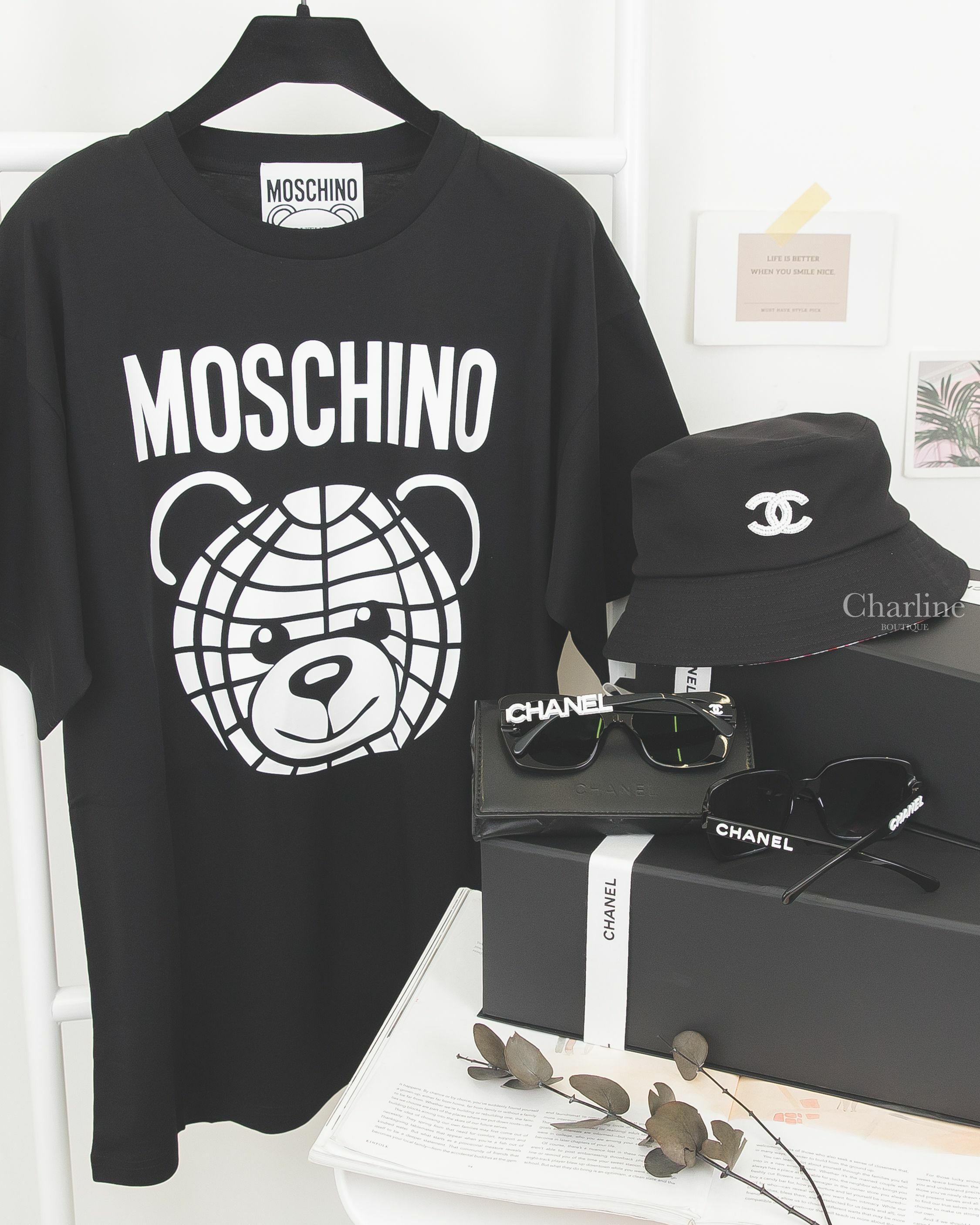 Chanel 黑色方框灰色鏡片側邊白色 Logo 太陽眼鏡,Chanel 黑色方框側邊白鑽 Chanel 太陽眼鏡,Chanel 黑底白色珠珠CC拼黑紅格紋內裡棉質漁夫帽-Charline Boutique 精品代購