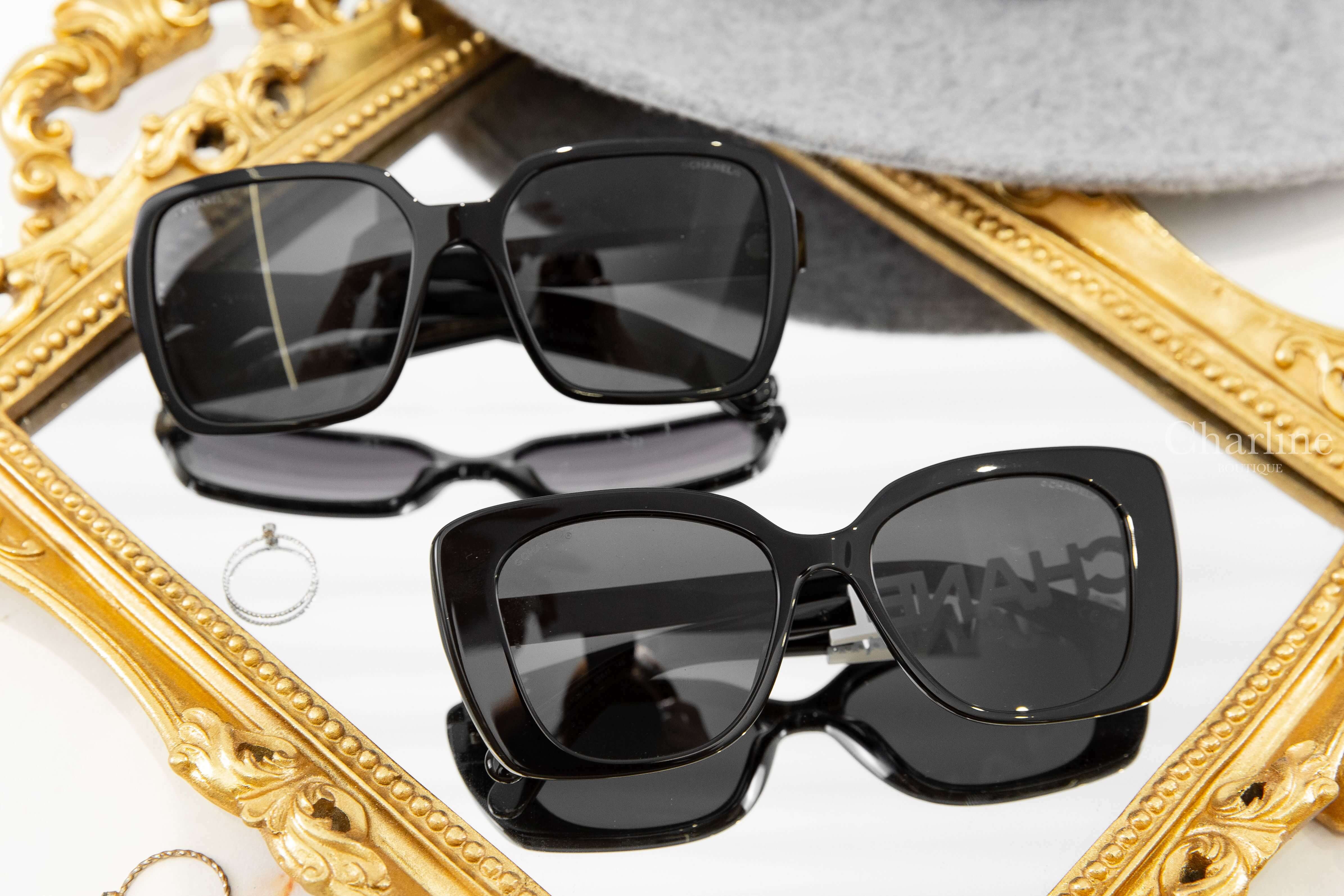Chanel Square Sunglasses 黑色方框側邊白鑽 Chanel 太陽眼鏡,Chanel Square Sunglasses 黑色方框灰色鏡片側邊白色 Logo 太陽眼鏡-Charline Boutique 精品代購