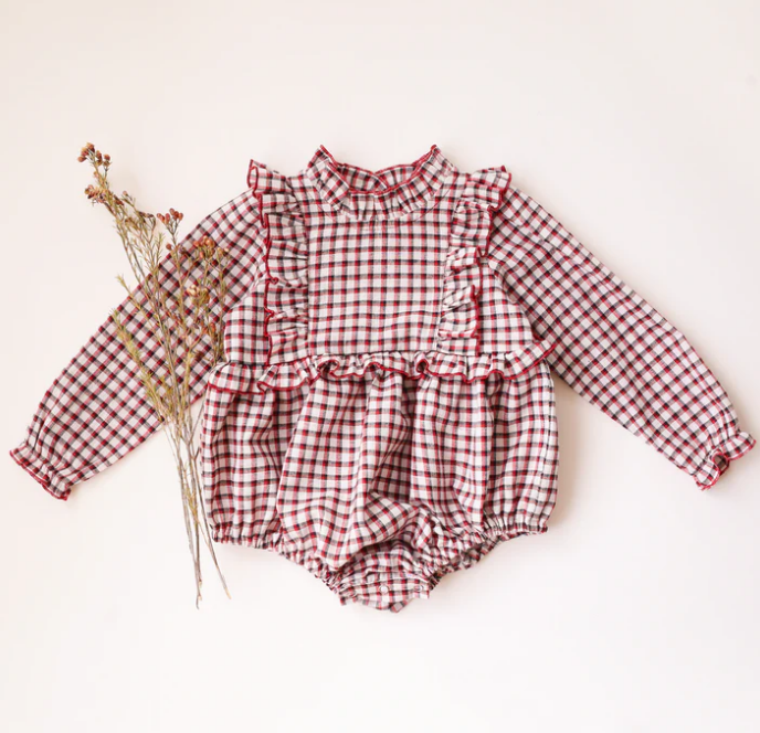 Dannie and Lilou-Long Sleeve Frills Bodice復古荷葉綴邊立領長袖包屁衣(Red & Black Gingham)