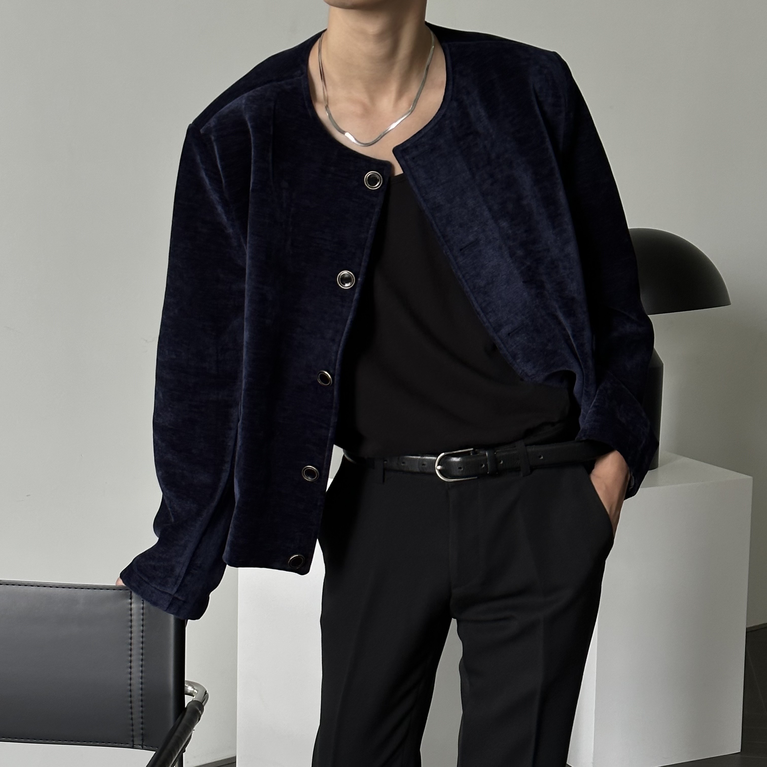 天鵝絨短款圓領夾克