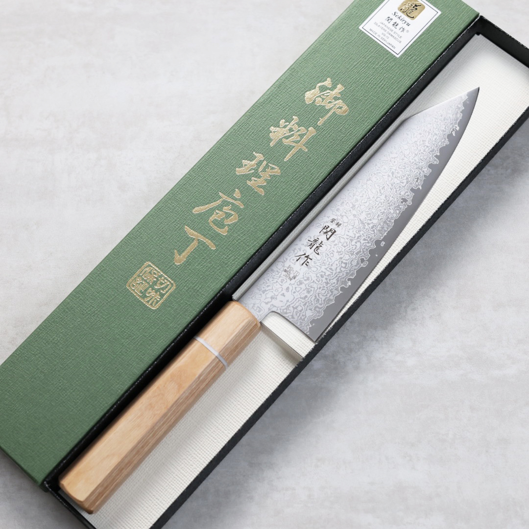 関龍作 切付牛刀 180mm VG10鋼 33層大馬士革 和柄