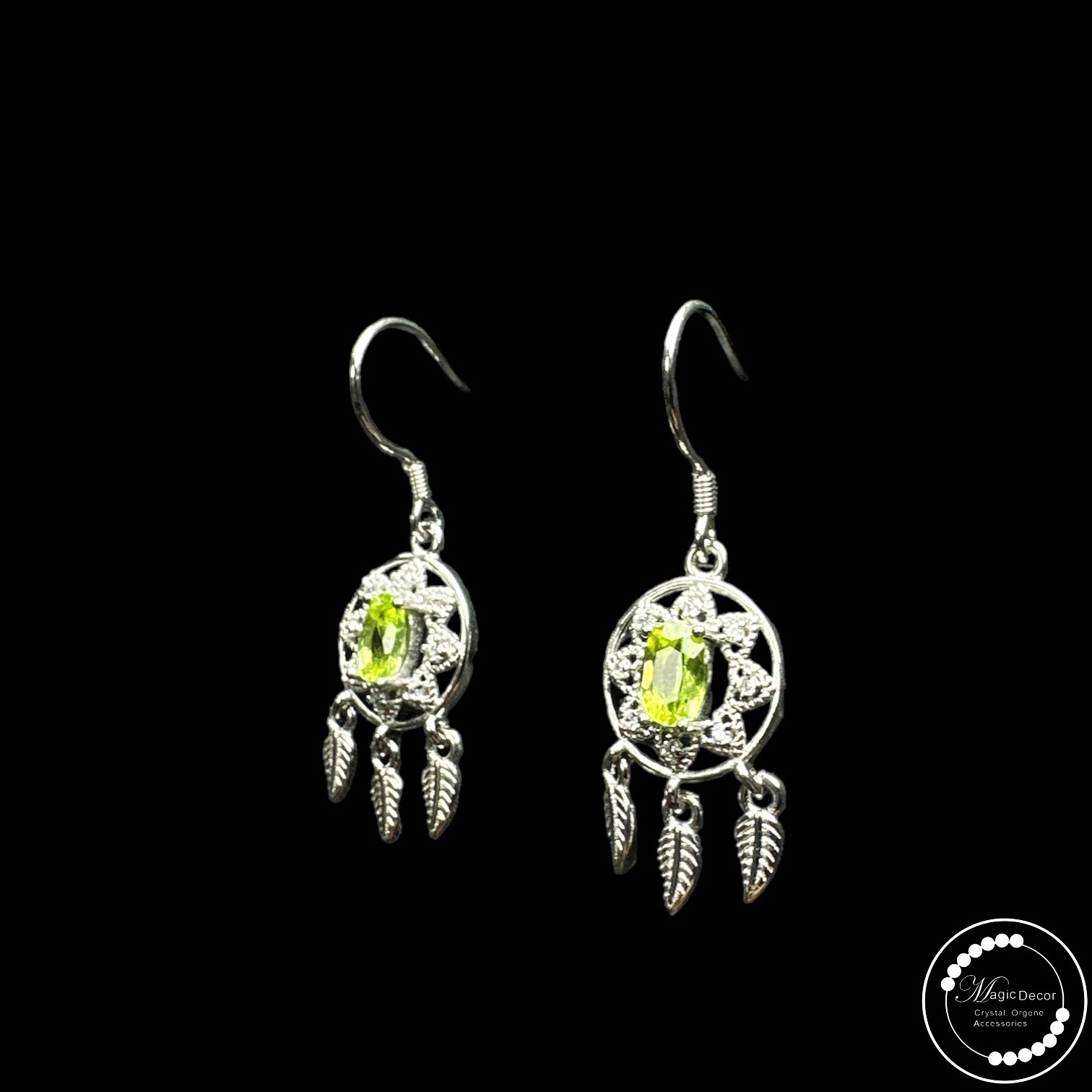 0902-c42 綠橄欖石捕夢網半銀耳鈎1對