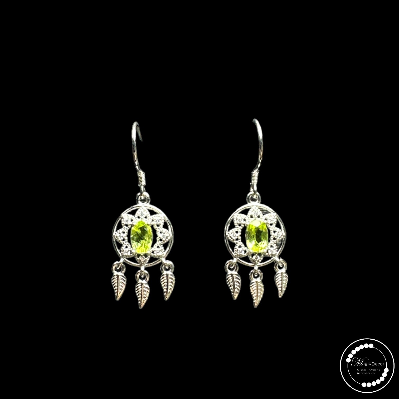 0902-c42 綠橄欖石捕夢網半銀耳鈎1對