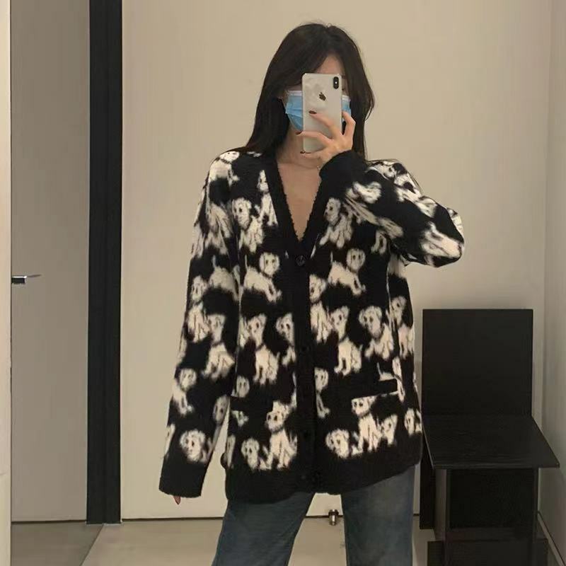 Celine 黑色狗狗圖案針織開衫 2A51W5 31Q 38NO -T