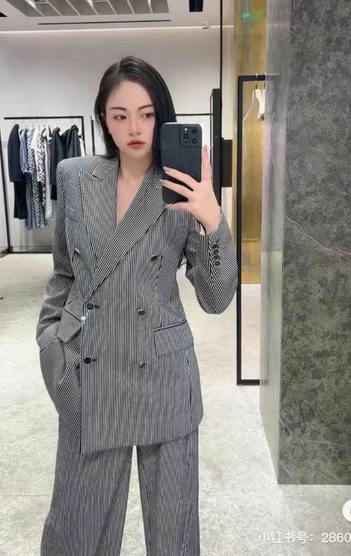 Max Mara 灰色雙排扣翻領條紋西服 PASTE   001 -T