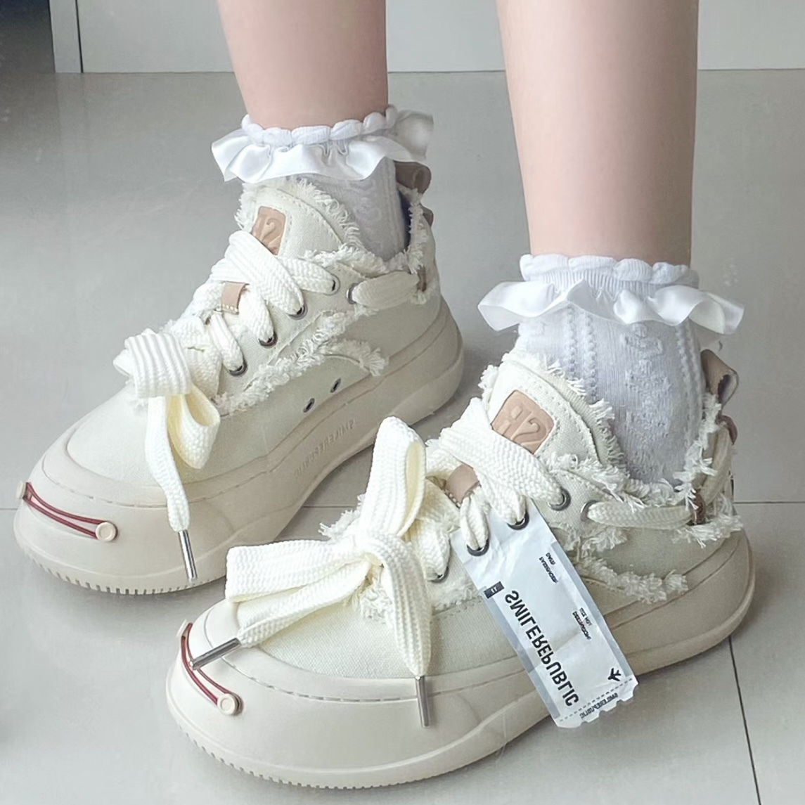 Smilerepublic 經典 開口笑 檀健次同款 低筒 粗鞋帶 厚底 帆布鞋 米白