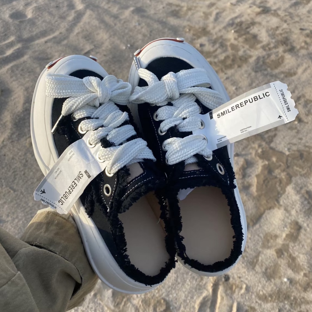 Smilerepublic 經典 開口笑 檀健次同款 低筒 粗鞋帶 厚底 帆布鞋 懶人鞋 黑