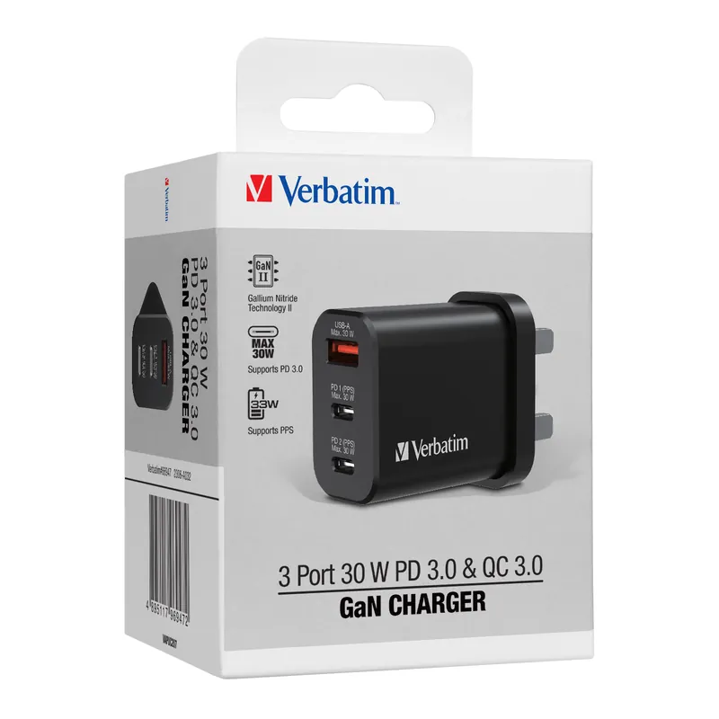 Verbatim 3 port 30W PD 3.0 & QC 3.0 GaN Charger 充電器 66947