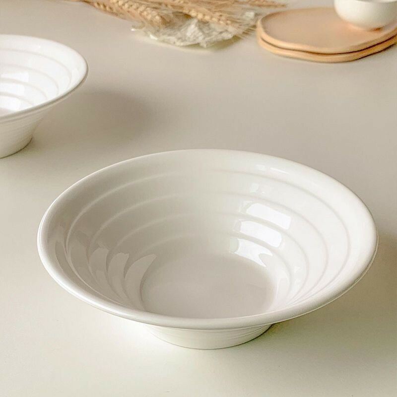 《2926》INS簡約純白線條陶瓷麵碗