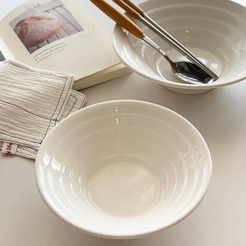 《2926》INS簡約純白線條陶瓷麵碗