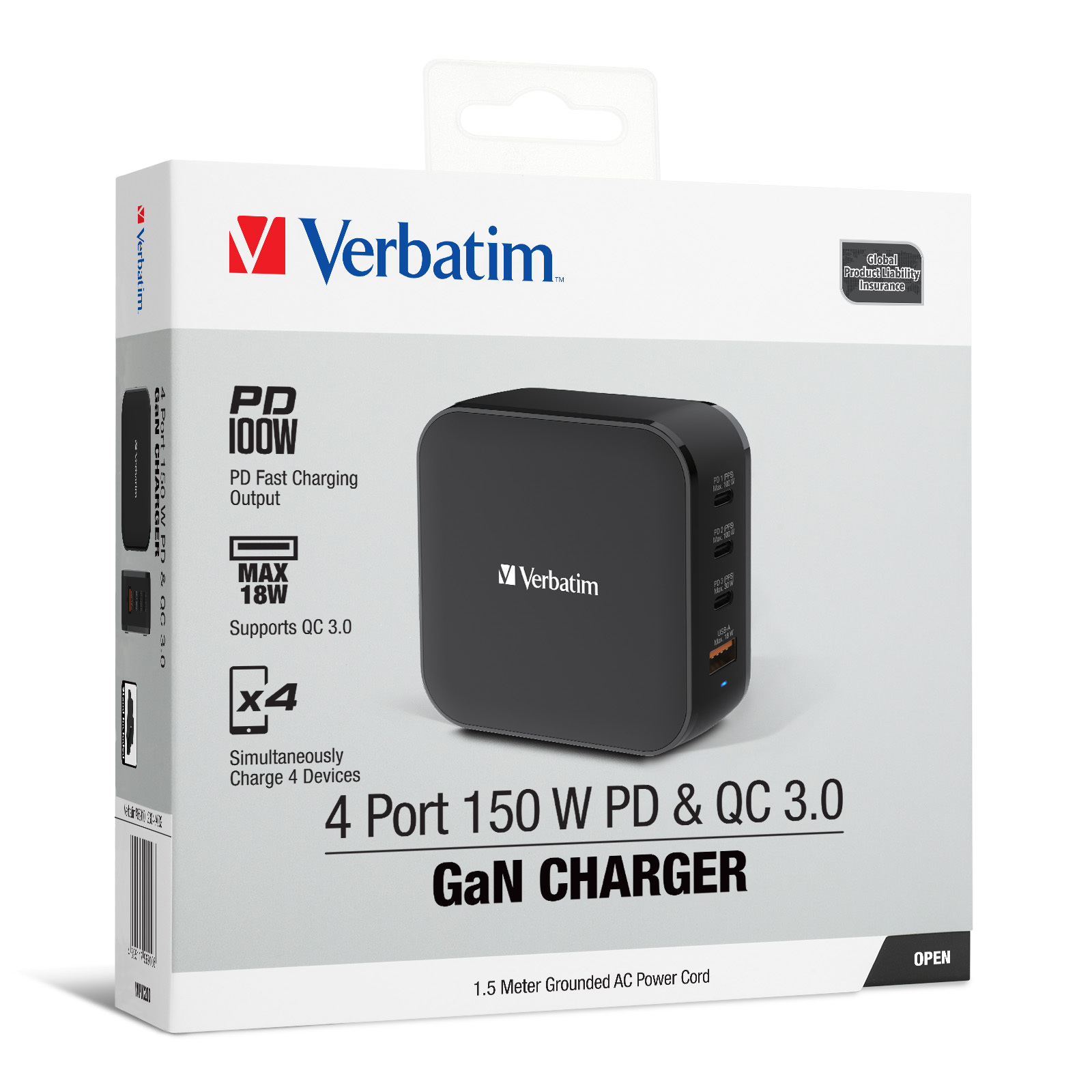 Verbatim 4 Port 150W PD & QC 3.0 GaN Charger (with AC Power Cord & Stand) 66910