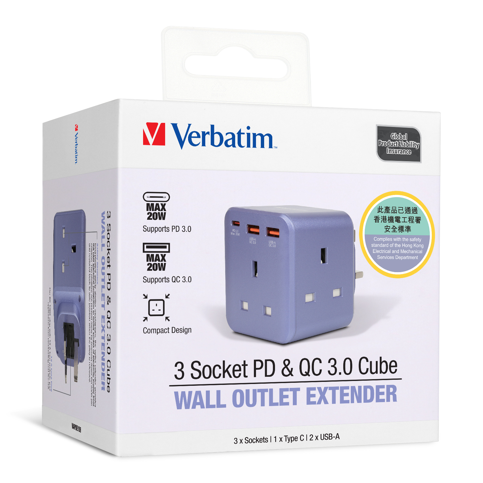 Verbatim 3 Socket PD & QC 3.0 Cube Wall Outlet Extender 66849/66850/66887