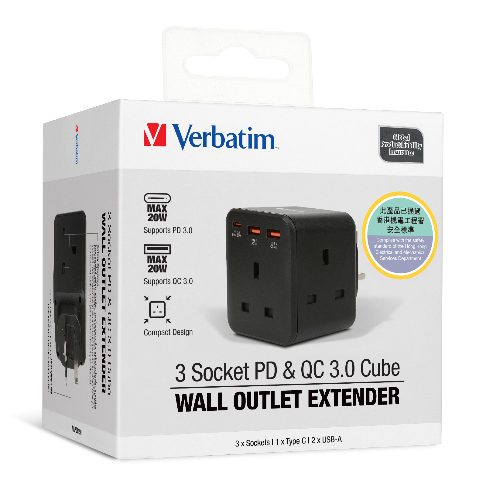 Verbatim 3 Socket PD & QC 3.0 Cube Wall Outlet Extender 66849/66850/66887